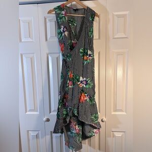 Tropical Floral Black and White Striped Sleeveless Wrap Dress